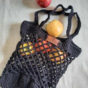 Crochet shopping bag, Handmade black net bag, Wool shopping tote bag