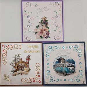 3er Set handgefertigte Grußkarten, alle 13,5 x 13,5 cm groß