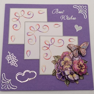 Handgefertigte Grußkarte mit Stickerei und einem 3D Bild. Komplett mit Briefumschlag. Größe der Karte beträgt 13,5 x 13,5 cm.