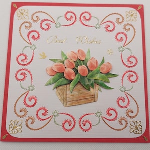 Handgefertigte Grußkarte mit Stickerei und einem 3D Bild. Komplett mit Briefumschlag. Größe der Karte beträgt 13,5 x 13,5 cm.