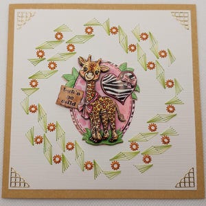 Handgefertigte Grußkarte mit Stickerei und einem 3D Bild. Komplett mit Briefumschlag. Größe der Karte beträgt 13,5 x 13,5 cm.