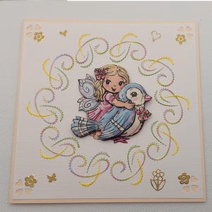 Handgefertigte Grußkarte mit Stickerei und einem 3D Bild. Komplett mit Briefumschlag. Größe der Karte beträgt 13,5 x 13,5 cm.