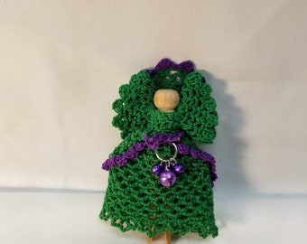 Green and purple with bells crocheted Christmas Angel