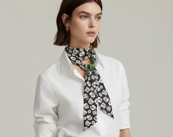 Pañuelo de Seda de Morera 100% | Motivo Rosa Negro y Verde | Elegante Asa de Bolso, Cinta para el Pelo, Regalo Único para Ella