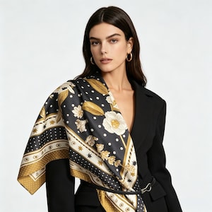 Puede incluir: Un blazer negro combinado con un pañuelo de seda cuadrado grande con fondo negro, lunares blancos, motivos florales dorados y estrellas. El pañuelo está drapeado sobre un hombro y sujeto con un cinturón negro fino en la cintura.