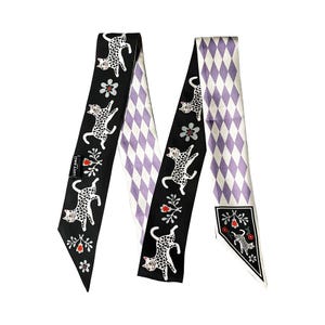 100% Moerbeizijde Smalle Sjaal | Zwart & Paars Design | Elegante Tas Handvat Wikkel, Haarband, Uniek Cadeau voor Kattenliefhebbers