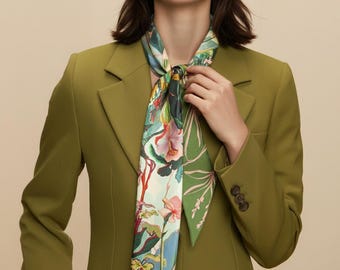 Bufanda Fina 100% Seda de Morera | Estampado Floral - Verde y Rosa | Asa de Bolso, Cinta para el Pelo, Regalo Lujo Mujer