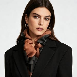 May include: A lightweight scarf featuring a color-blocked design in shades of terracotta and charcoal gray, worn tucked into the collar of a solid black blazer. The scarf has a soft, semi-sheer texture with gathered folds around the neck area.
