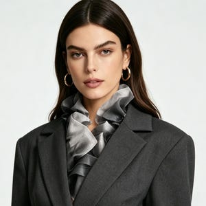 May include: A dark gray blazer with structured lapels worn over a sheer, ruffled scarf featuring a gradient of gray and white tones. The scarf is tucked into the neckline of the blazer, creating voluminous, layered fabric folds around the neck.
