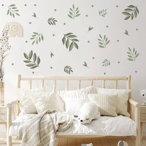 Green leaves decals Boho baby room Foliage wall stickers Botanical decor Green Leaf Decal Modern leaves clings Scandinavian Boho kids Decal