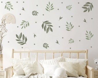 Green leaves decals Boho baby room Foliage wall stickers Botanical decor Green Leaf Decal Modern leaves clings Scandinavian Boho kids Decal