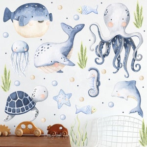 Sea life decals, Ocean creatures murals, Mermaid fabric wall stickers, Ocean life, nursery decal, Under the sea Ocean stickers, Nautical