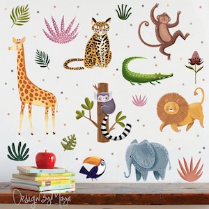 Calcomanías infantiles de animales de la jungla, pegatinas de pared de safari con acuarela, decoración para bebés, guardería, calcomanía de tela de safari, pegatinas de pared para habitación de bebé.