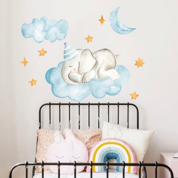 Baby Elephant Nursery decal, Clouds and stars Nursery, Baby animals decals, Baby Wall art, Sticker Decor kids room, Clouds Stars moon clings