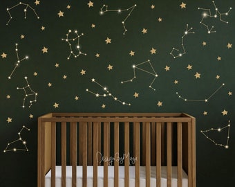 Zodiac Constellation Wall Decals, Gold stars Room decor, Outer space, Space decals, baby room wall Stickers, Rocket decal, Space wall art