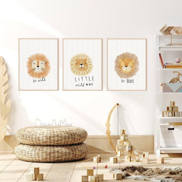Estampado de león, Sé salvaje, Sé fuerte, Bosque infantil, Bonita decoración para habitación de bebé, Regalo para baby shower, Decoración para habitación de bebé, Arte mural para habitación de bebé, Lindo león