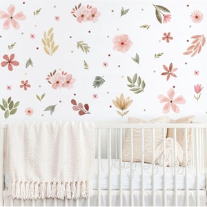 Boho flowers wall stickers, Earth tones and Green leaves decals, Botanical decor, Green Leaf Wall Decal clings Scandinavian Boho kids Decal