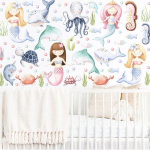 Calcomanías de tela de sirena para pared, decoración infantil oceánica