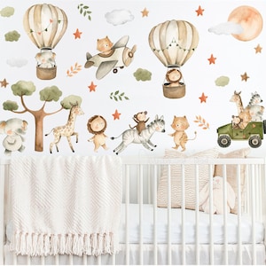 Decoración de pared para habitación de bebé, pegatinas de pared de safari con acuarela, decoración para bebé niño, calcomanía de tela para guardería de safari, pegatinas de pared para habitación de bebé