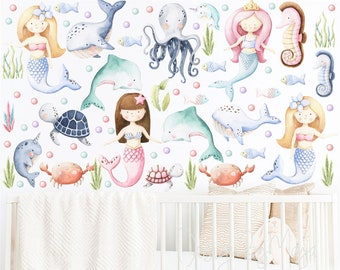 Mermaids and sea life decals, Mermaid fabric wall stickers, Ocean life, Girl nursery decal, Under the sea, Ocean fabric stickers, Nautical