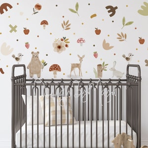 Kids room Wall Decals, Woodland theme, Fabric Watercolor Room Mural, Nursery decals, Forest Animal Decals, Earth tones stickers Baby decor
