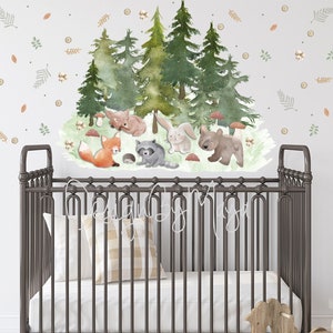 Woodland theme kids room Cling, Fabric Wall Decal Room, Mural Nursery, Forest Animals Decals, Pine trees and Woodland stickers Baby decor