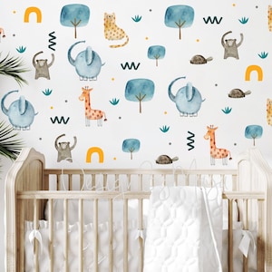 Baby room wall decor Watercolor Safari Wall Stickers Baby Decor nursery Safari doodle Nursery Fabric Decal safari nursery Wall stickers room