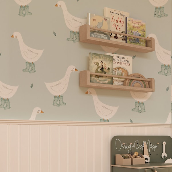 Carta da parati con anatre negli stivali: decorazioni nautiche per la cameretta, murale boho, oca buffa, decorazioni a tema fattoria, carta da parati azzurra.