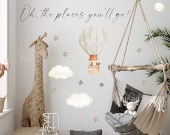 Vinilo decorativo de globo aerostático de zorro: decoración infantil de aventuras