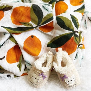 Clementine Muslin blanket, Boho style, Retro Baby Clementine blanket, Orange with leaves Clementine Green leaves Southwest decor