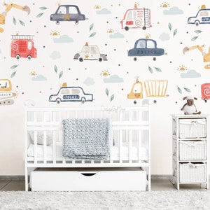 Cars and Trucks decals, Construction truck decal, Train with Animals, Nursery Wall, Fire truck, Watercolor cars, Police car All aboard baby
