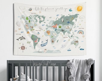 Kids room Tapestry World Map, Nursery decor, Kids room decor, Kids Room tapestry, Printed tapestry, Playroom wall art, World Map Animals
