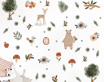 Woodland theme kids room Wall Decals, Fabric Watercolor Room Mural Nursery watercolor Forest Animal Decals Pine trees stickers Baby decor