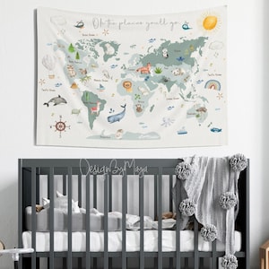 Kids room Tapestry World Map, Nursery decor, Kids room decor, Kids Room tapestry, Printed tapestry, Playroom wall art, World Map Animals World map #1