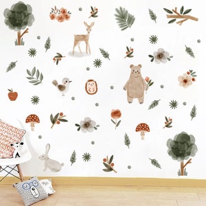 Woodland theme kids room Wall Decals, Fabric Watercolor Room Mural Nursery watercolor Forest Animal Decals Pine trees stickers Baby decor image 4