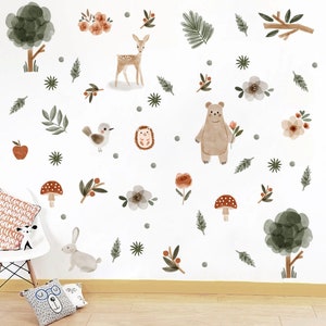 Woodland theme kids room Wall Decals, Fabric Watercolor Room Mural Nursery watercolor Forest Animal Decals Pine trees stickers Baby decor