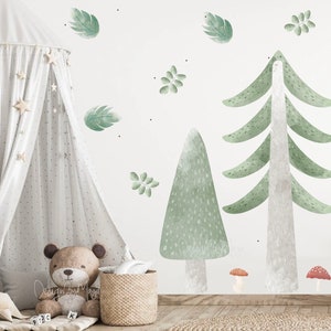Woodland theme kids room Wall Decal, Fabric Wall Decal Room Mural Nursery decal Forest Animal Decals Pine trees stickers Baby and kids decor