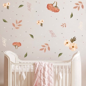 Muurstickers bohobloemen, stickers aardetinten en groene bladeren, botanisch decor, sticker groen blad muursticker Scandinavische boho-kinderen