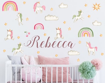 Baby Unicorns Acuarela, Calcomanías para niñas, Calcomanías para paredes de guardería, Decoración de paredes para bebés, Calcomanías para niños, Calcomanías para unicornios, Decoración de guardería para niñas