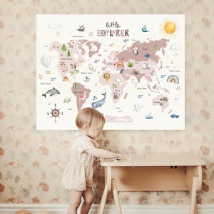 Arazzo per cameretta dei bambini Mappa del mondo, Arredamento per la cameretta dei bambini, Arredamento per cameretta dei bambini, Arazzo per cameretta dei bambini, Arazzo stampato, Arte murale per sala giochi, Animali con mappa del mondo