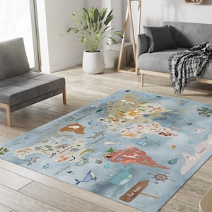 Weltkarte Teppich, Spielteppich, Spielteppich, Kinderteppich, Gemusterter Teppich, Kinderteppich, Spielzimmer Teppich, Gemustert, Weltkarte Dekor
