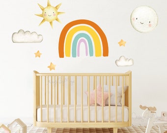 Rainbow decal, Moon decal, Simple Nursery, Watercolor Rainbow art, Fabric Rainbow Decals, Baby Decal, Orange yellow Mint, Kids room clings