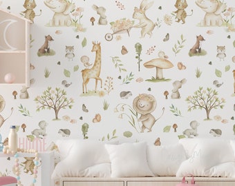 Baby animals wallpaper, Boho style Vintage Nursery wallpaper, Farmhouse Baby Room Watercolor Nursery wallpaper Decor mural Cling for Baby