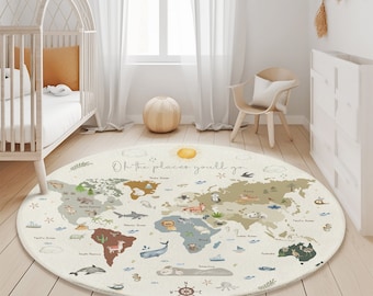 Wereldkaart rond tapijt, speelkleed, speelmat, kinderkamerdeken, kinderdeken, kinderkamertapijt, bedrukt tapijt, speelkamervloerkleed, dieren rond tapijt mat decor,