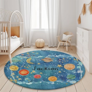 Weltraum Teppich, Sonnensystem runder Teppich, runder Teppich mit Weltkarte Muster, Spielteppich, Spielmatte, Kinderzimmerteppich, Kinderteppich, Kinderzimmerteppich