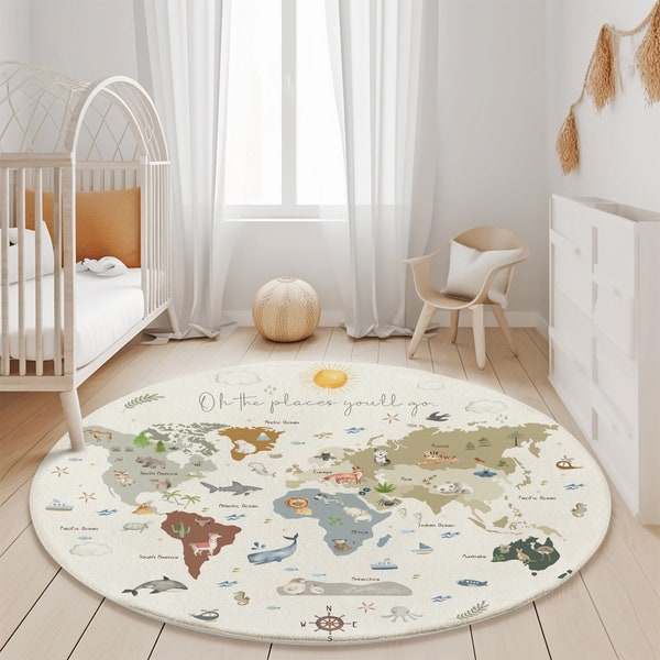 World map round rug, Play Rug, Play Mat, Nursery Rug, Kids Rug, Kids Room Rug, Printed Rug, Playroom Floor Rug, Animals round rug mat decor,