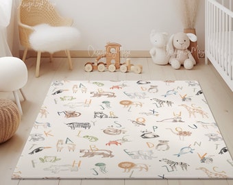 ABC adorable Kids room rug, World Map rug, Play Rug Mat, Nursery Rug, Kids Rug, Kids Room Rug, Playroom Floor Rug, World Map decor Animals