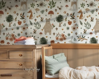 Woodland nursery wallpaper, Boho style, Vintage Nursery wallpaper, Farmhouse Baby Room, Watercolor Nursery wallpaper, Decor mural Cling