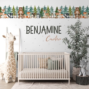 Woodland theme kids room Border or Decal, Fabric Wall Decal Kids Room Mural Nursery decal Forest Animal Decal Pine trees stickers Baby decor