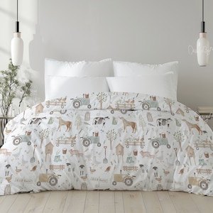 Piumino vintage da fattoria, biancheria da letto con tema animali da fienile, piumone da fattoria, piumone con alberi di pino, pollo, mucca, cavallo, trattore, biancheria da letto di campagna